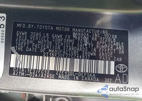 2007 Toyota Corolla S из США, поврежденный, VIN 2T1BR30E27C744937